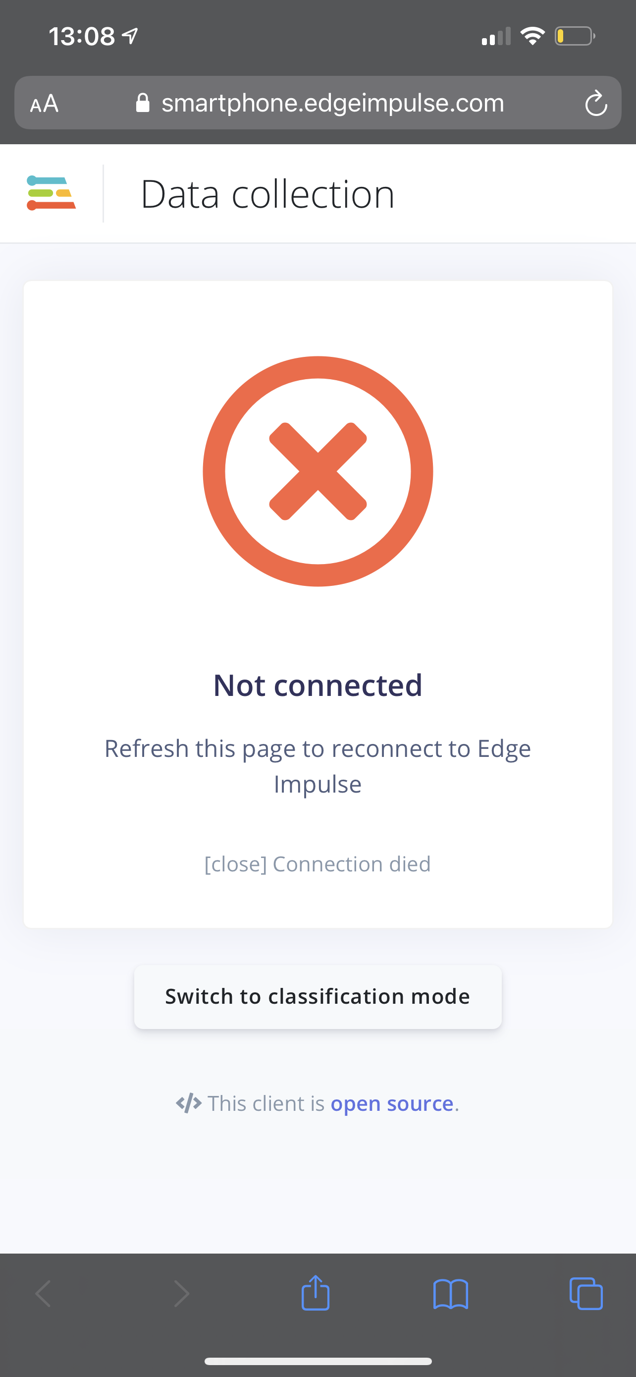 Edge Impulse web application, error: not connected